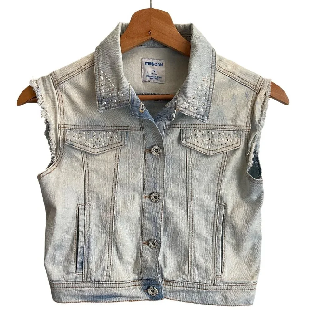 Mayoral Girls Denim Vest Size 10 Pearl Studded Light Wash Jean Jacket Western